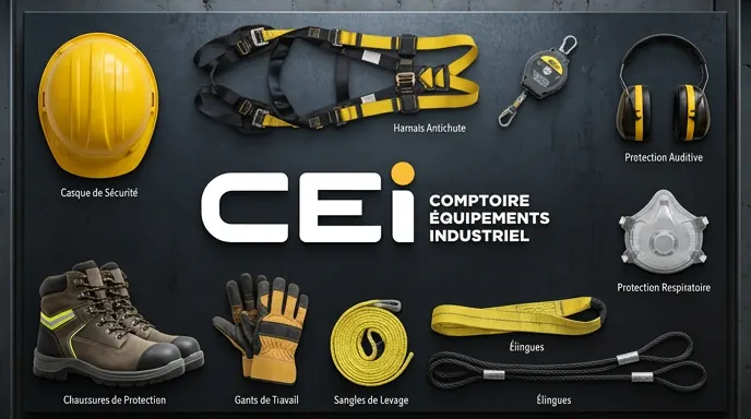 Équipements de protection individuelle C.E.I : casque, harnais antichute, gants, chaussures et élingues